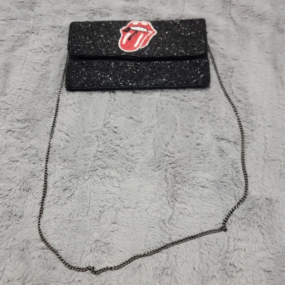 Rolling Stones Beaded Tongue Clutch Bag Womens Small Black Chain Crossbody Purse